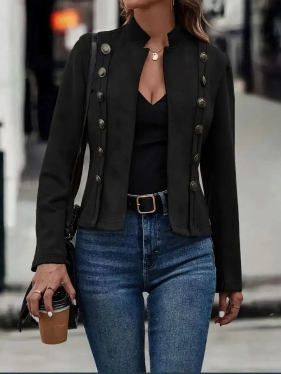 Decorative Button Open Front Long Sleeve Jacket - Love Salve